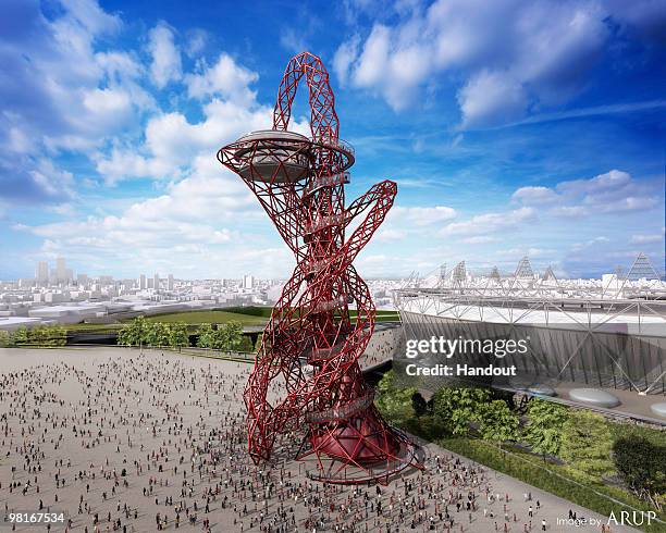 This handout image supplied by ARUP shows a computer-generated impression of artist Anish Kapoor's winning design for a visitor attraction, as it is...