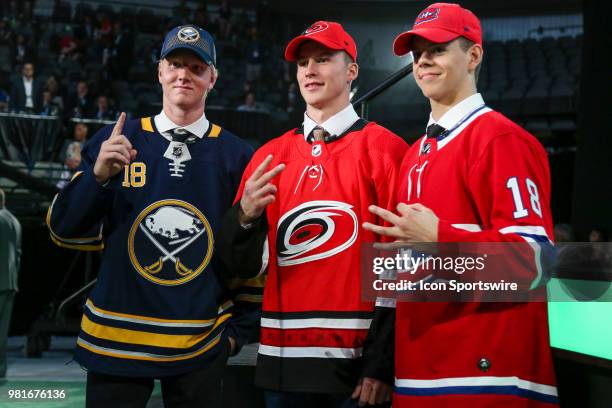 Rasmus Dahlin of the Buffalo Sabres, Andrei Svechnikov of the Carolina Hurricanes and Jesperi Kotkaniemi of the Montreal Canadians pose for a picture...