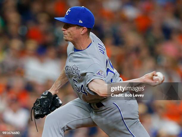 Justin Grimm of the Kansas City Royals pitches in the ninth inning against the Houston Astros at Minute Maid Park on June 22, 2018 in Houston, Texas.