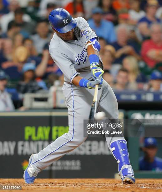Salvador Perez of the Kansas City Royals doubles in the eighth inning against the Houston Astros at Minute Maid Park on June 22, 2018 in Houston,...