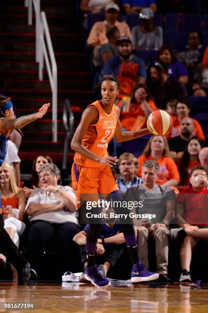 DeWanna Bonner of the Phoenix Mercury handles the ball against the Minnesota Lynx on June 22, 2018 at Talking Stick Resort Arena in Phoenix, Arizona....