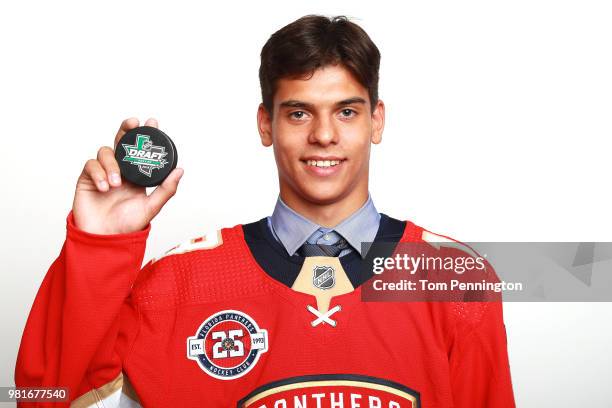 Grigori Denisenko poses after being selected fifteenth overall by the Florida Panthers during the first round of the 2018 NHL Draft at American...