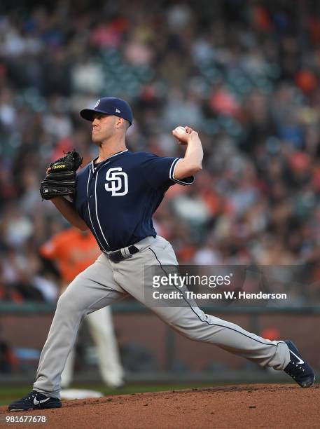 Clayton Richard of the San Diego Padres pitches against the San Francisco Giants in the bottom of the second inning at AT&T Park on June 22, 2018 in...