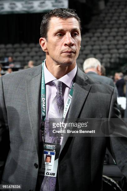 Rod Brind'Amour the head coach of the Carolina Hurricanes attends the first round of the 2018 NHL Draft at American Airlines Center on June 22, 2018...