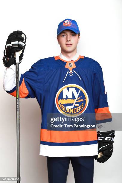 Noah Dobson poses after being selected twelfth overall by the New York Islanders during the first round of the 2018 NHL Draft at American Airlines...