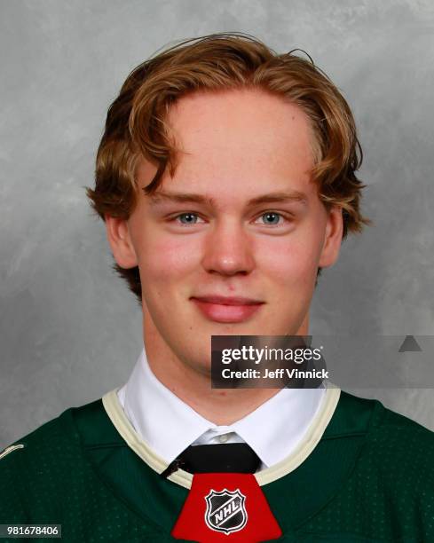 Filip Johansson poses for a portrait after being selected twenty-fourth overall by the Minnesota Wild during the first round of the 2018 NHL Draft at...