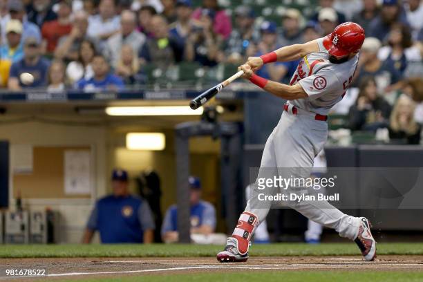 Matt Carpenter of the St. Louis Cardinals hits a double in the first inning against the Milwaukee Brewers at Miller Park on June 22, 2018 in...