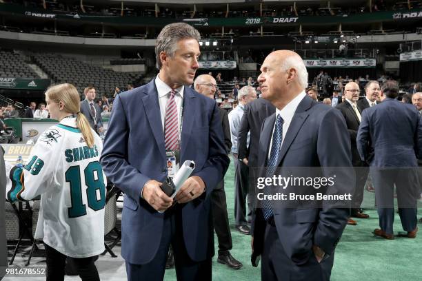 Doug Wilson of the San Jose Sharks and Lou Lamoriello of the New York Islanders chat prior to the first round of the 2018 NHL Draft at American...
