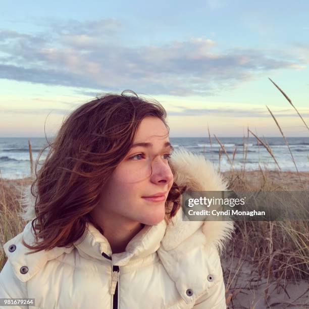 portrait of a girl on a winter beach - küstenschutzgebiet assateague island stock-fotos und bilder