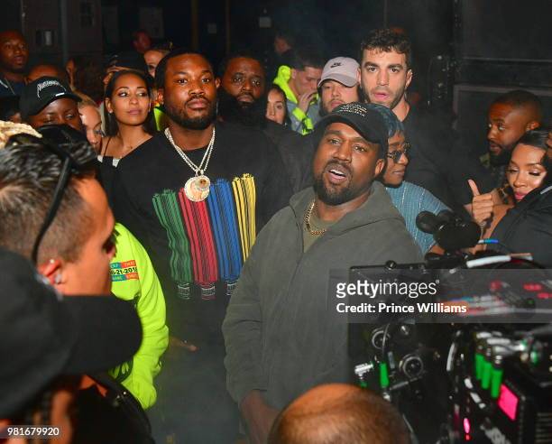 Meek Mill and Kanye West attend Teyana Taylor album Release Party at Universal Studios Hollywood on June 21, 2018 in Universal City, California.