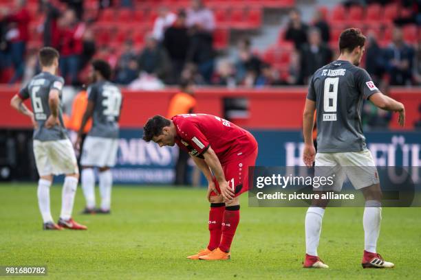 March 2018, Germany, Leverkusen: soccer, Bundesliga, Bayer Leverkusen vs FC Augsburg in the BayArena. Leverkusen's Kevin Volland reacting after a...