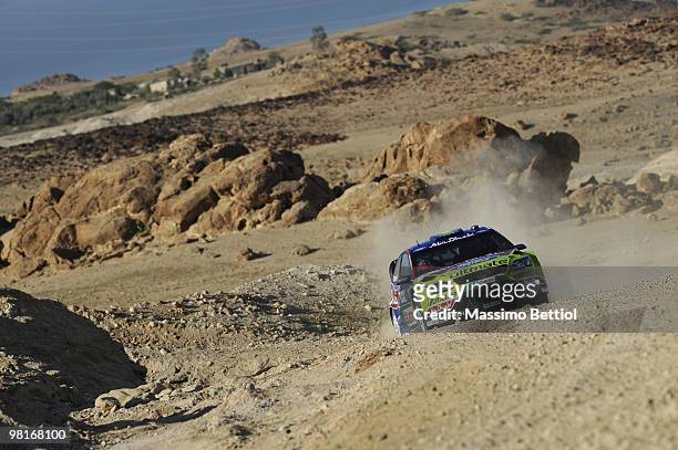 Mikko Hirvonen of Finland and Jarmo Lehtinen of Finland compete in their BP Abu Dhabi Ford Focus during the Shakedown of the WRC Rally Jordan on...