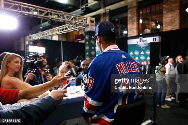 Andre Miller speaks to the media after being selected twenty-second overall by the New York Rangers during the first round of the 2018 NHL Draft at...