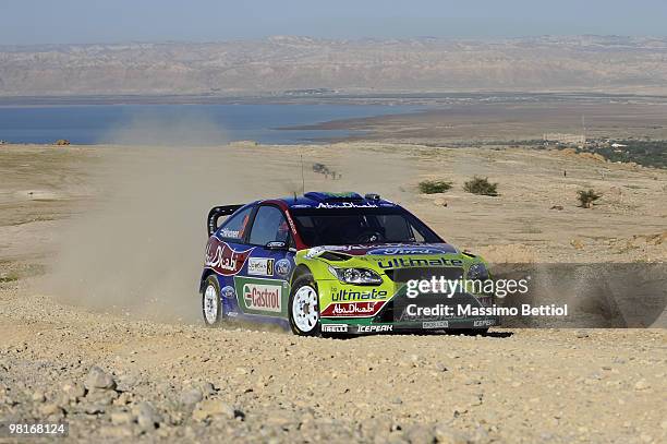 Mikko Hirvonen of Finland and Jarmo Lehtinen of Finland compete in their BP Abu Dhabi Ford Focus during the Shakedown of the WRC Rally Jordan on...