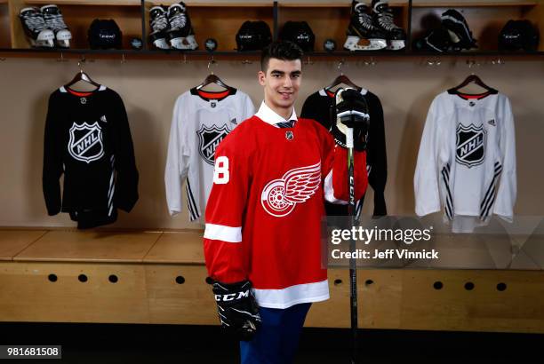 Joseph Veleno poses for a portrait after being selected thirtieth overall by the Detroit Red Wings during the first round of the 2018 NHL Draft at...