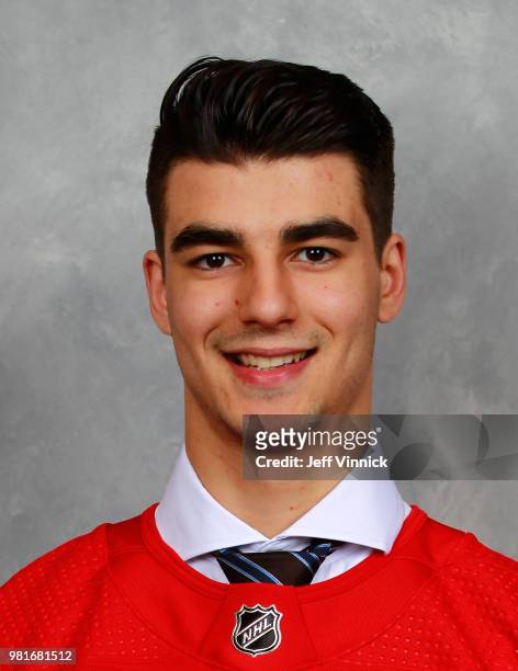 Joseph Veleno poses for a portrait after being selected thirtieth overall by the Detroit Red Wings during the first round of the 2018 NHL Draft at...