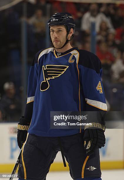 Eric Brewer of the St. Louis Blues waits for a face off during a game against the Chicago Blackhawks on March 30, 2010 at Scottrade Center in St....