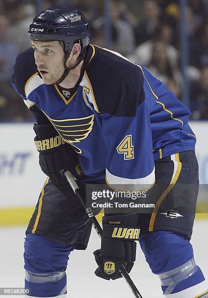 Eric Brewer of the St. Louis Blues waits for a face off during a game against the Chicago Blackhawks on March 30, 2010 at Scottrade Center in St....