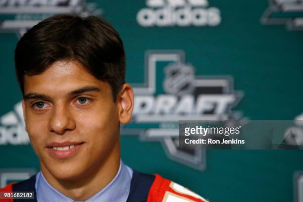 Grigori Denisenko speaks to the media after being selected fifteenth overall by the Florida Panthers during the first round of the 2018 NHL Draft at...