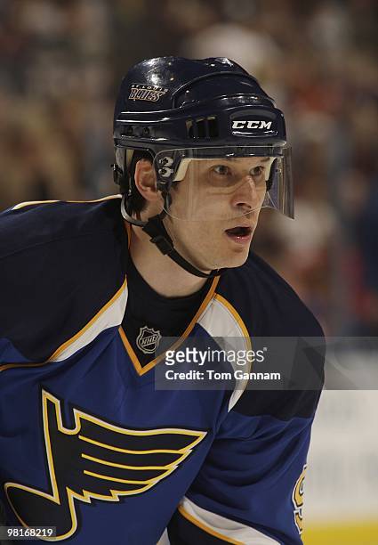 Paul Kariya of the St. Louis Blues waits for a face off during a game against the Chicago Blackhawks on March 30, 2010 at Scottrade Center in St....