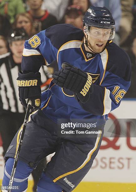 Jay McClement of the St. Louis Blues skates against the Chicago Blackhawks on March 30, 2010 at Scottrade Center in St. Louis, Missouri.