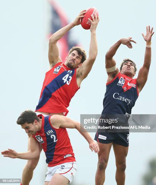 Harrison Nolan of Coburg marks during the round 12 VFL match between Casey and Coburg at Casey Fields on June 23, 2018 in Melbourne, Australia.