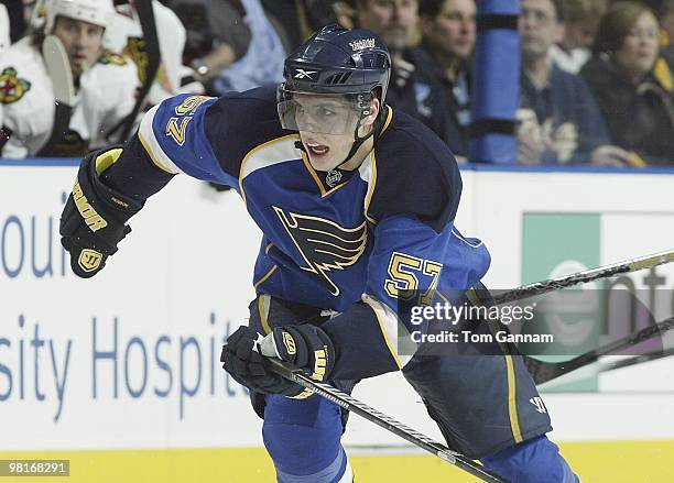 David Perron of the St. Louis Blues skates against the Chicago Blackhawks on March 30, 2010 at Scottrade Center in St. Louis, Missouri.