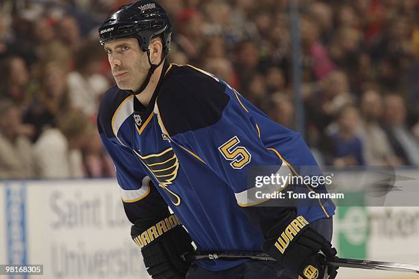 Barret Jackman of the St. Louis Blues waits for a face off during a game against the Chicago Blackhawks on March 30, 2010 at Scottrade Center in St....