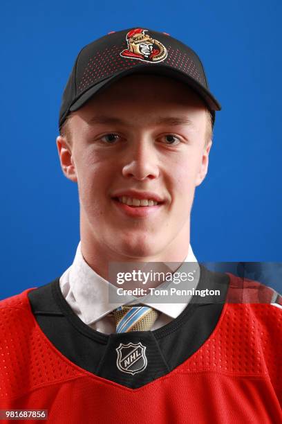 Jacob Bernard-Docker poses after being selected twenty-sixth overall by the Ottawa Senators during the first round of the 2018 NHL Draft at American...