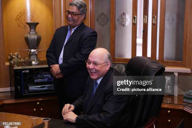 Dpatop - Egyptian presidential candidate and chairperson of El-Ghad Party Moussa Mostafa Moussa watches the results of the 2018 Egyptian presidential...