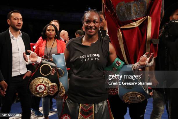 Claressa Shields celebrates winning her IBF and WBA world middleweight championship fight against Hanna Gabriels of Costa Rica at the Masonic Temple...