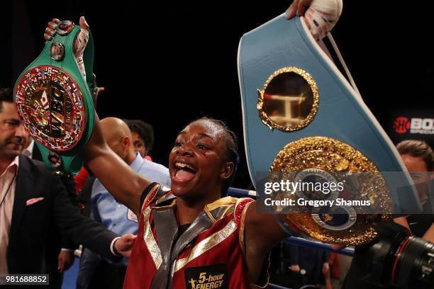 Claressa Shields celebrates winning her IBF and WBA world middleweight championship fight against Hanna Gabriels of Costa Rica at the Masonic Temple...