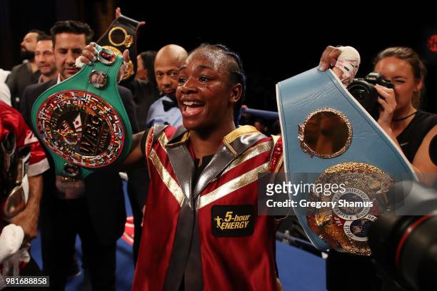 Claressa Shields celebrates winning her IBF and WBA world middleweight championship fight against Hanna Gabriels of Costa Rica at the Masonic Temple...