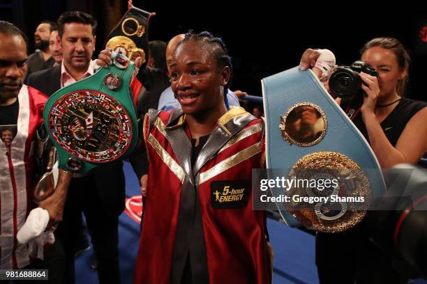 Claressa Shields celebrates winning her IBF and WBA world middleweight championship fight against Hanna Gabriels of Costa Rica at the Masonic Temple...