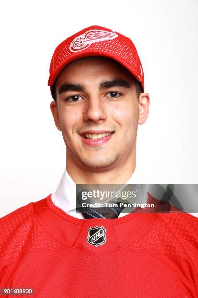 Joseph Veleno poses after being selected thirtieth overall by the Detroit Red Wings during the first round of the 2018 NHL Draft at American Airlines...