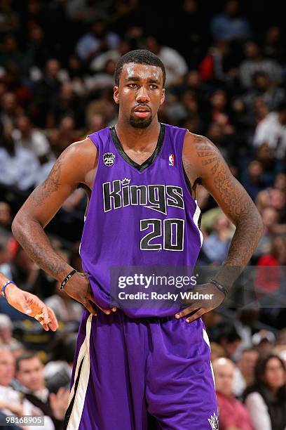 Donte Greene of the Sacramento Kings looks across the court during the game against the Golden State Warriors on February 17, 2009 at Oracle Arena in...