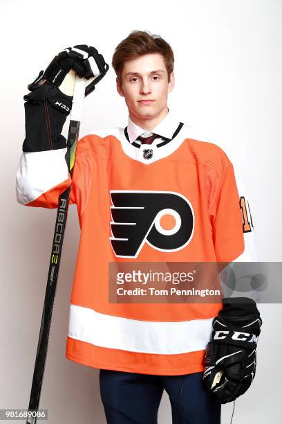 Joel Farabee poses after being selected fourteenth overall by the Philadelphia Flyers during the first round of the 2018 NHL Draft at American...