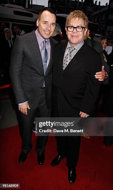 David Furnish and Sir Elton John arrive at the fifth birthday anniversary of 'Billy Elliot The Musical', at the Victoria Palace Theatre on March 31,...