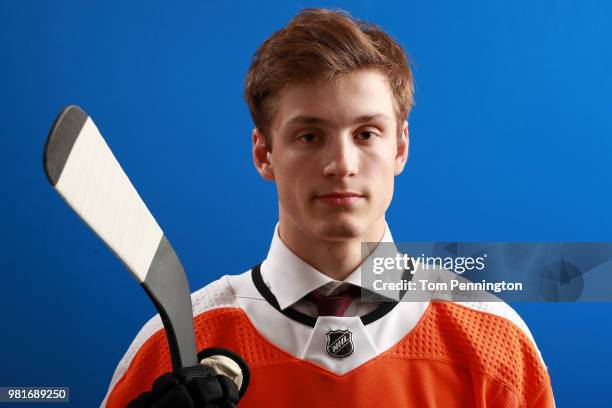 Joel Farabee poses after being selected fourteenth overall by the Philadelphia Flyers during the first round of the 2018 NHL Draft at American...