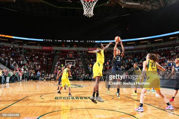 Candice Dupree of the Indiana Fever shoots the ball against the Seattle Storm on June 22, 2018 at Key Arena in Seattle, Washington. NOTE TO USER:...