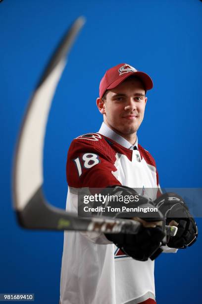 Martin Kaut poses after being selected sixteenth overall by the Colorado Avalancheduring the first round of the 2018 NHL Draft at American Airlines...