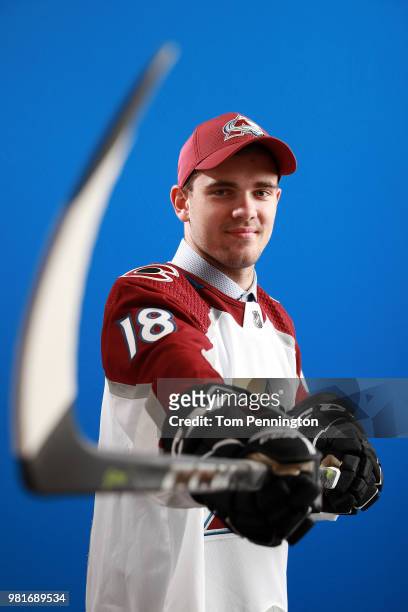 Martin Kaut poses after being selected sixteenth overall by the Colorado Avalancheduring the first round of the 2018 NHL Draft at American Airlines...