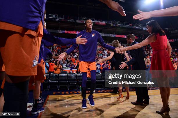 DeWanna Bonner of the Phoenix Mercury enters court before game against the Minnesota Lynx on June 22, 2018 at Talking Stick Resort Arena in Phoenix,...