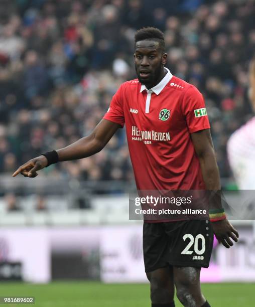 March 2018, Germany, Hannover: soccer, Bundesliga, Hannover 96 vs RB Leipzig in the HDI Arena. Hannover's Salif Sane in action. Photo: Peter...