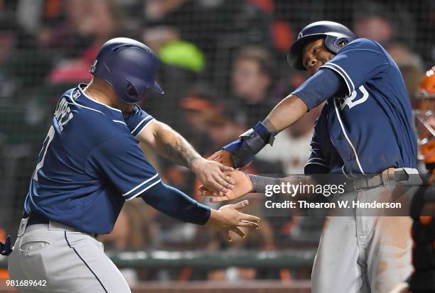 Raffy Lopez and Manuel Margot of the San Diego Padres celebrates after they both scored on a single from Eric Hosmer against the San Francisco Giants...