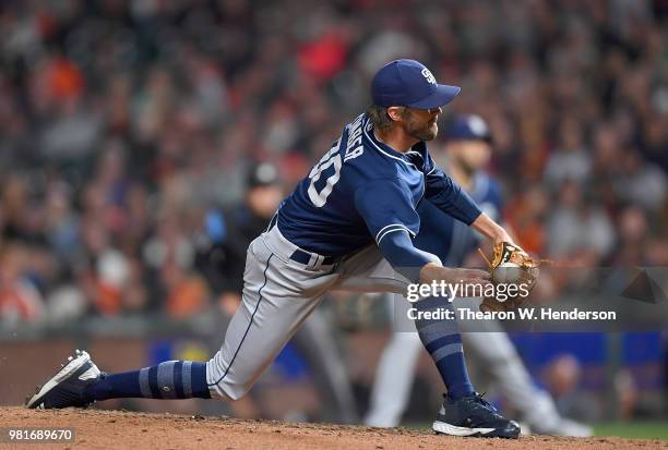 Adam Cimber of the San Diego Padres pitches against the San Francisco Giants in the bottom of the seventh inning at AT&T Park on June 22, 2018 in San...