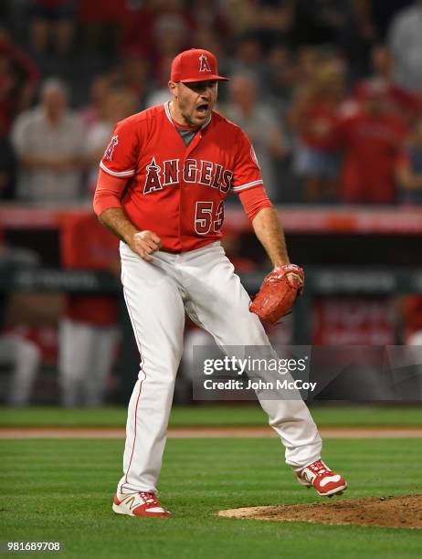 Blake Parker of the Los Angeles Angels of Anaheim celebrates the final out against the Toronto Blue Jays at Angel Stadium on June 22, 2018 in...