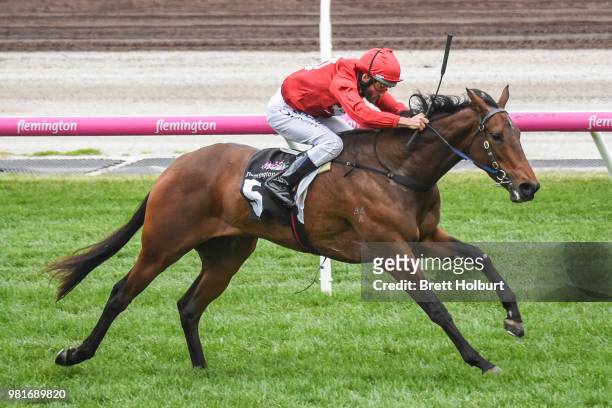 Remember the Name ridden by Damien Oliver wins the Macedon and Goldfields Handicap at Flemington Racecourse on June 23, 2018 in Flemington, Australia.