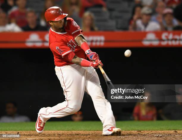 Martin Maldonado of the Los Angeles Angels of Anaheim flys out in the eight inning against the Toronto Blue Jays at Angel Stadium on June 22, 2018 in...