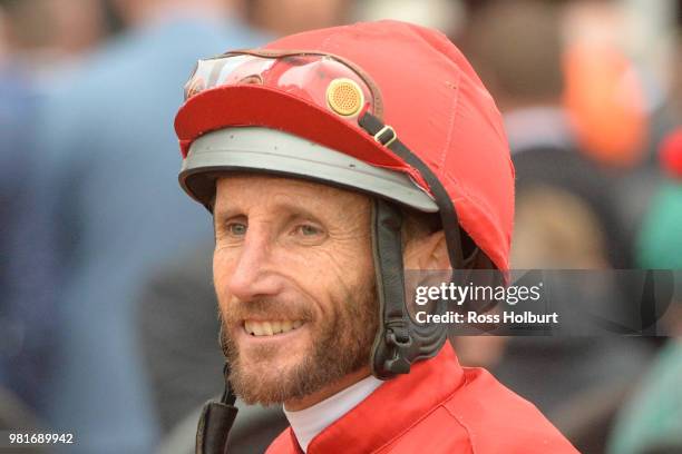 Damien Oliver after winning the Macedon and Goldfields Handicap at Flemington Racecourse on June 23, 2018 in Flemington, Australia.